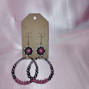 Pink and Silver Floral Hoop Earrings